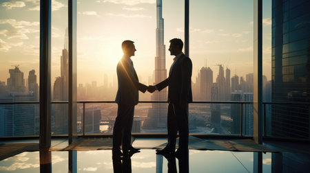 Experience dynamic partnership with a shark-hand business image. By a large glass window, partners overlook the city skyline, embodying vision, determination, and ambition. This photo captures the essence of teamwork and individual success in the corporate world.の素材