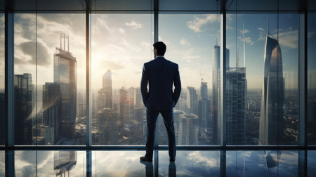 Witness leadership in action with this businessman overlooking the city skyline. The image represents vision, determination, and ambition within the business world. A powerful portrayal of a professional's journey towards success and corporate growth.の素材