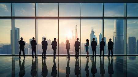 Experience corporate collaboration with this image of business teams. Positioned by a large glass window, they overlook the city skyline. Reflecting vision, determination, and ambition, this photo epitomizes teamwork and leadership in the dynamic business environment.の素材