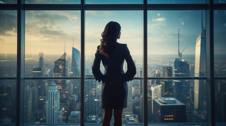 Witness leadership in action with this businessman overlooking the city skyline. The image represents vision, determination, and ambition within the business world. A powerful portrayal of a professional's journey towards success and corporate growth.の素材