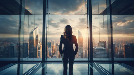 Witness leadership in action with this businessman overlooking the city skyline. The image represents vision, determination, and ambition within the business world. A powerful portrayal of a professional's journey towards success and corporate growth.の素材