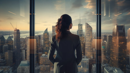 Witness leadership in action with this businessman overlooking the city skyline. The image represents vision, determination, and ambition within the business world. A powerful portrayal of a professional's journey towards success and corporate growth.の素材