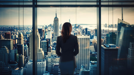Witness leadership in action with this businessman overlooking the city skyline. The image represents vision, determination, and ambition within the business world. A powerful portrayal of a professional's journey towards success and corporate growth.の素材