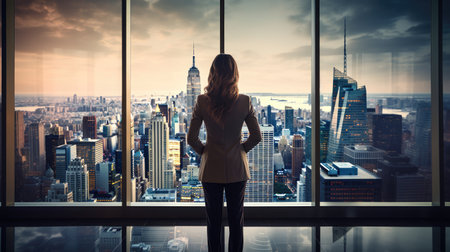 Witness leadership in action with this businessman overlooking the city skyline. The image represents vision, determination, and ambition within the business world. A powerful portrayal of a professional's journey towards success and corporate growth.の素材