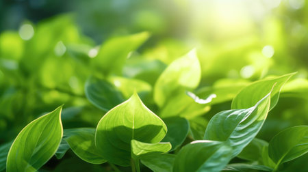 Experience eco-friendly elegance with this close-up of a green leaf set against a sunlit blurred greenery background. The vibrant foliage and bokeh effect create a textured and organic atmosphere, perfect for conveying the beauty of sustainable ecology.の素材