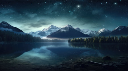Experience the moonlit majesty of this mountain landscape. Nestled by a tranquil lake and surrounded by a dark forest, the nocturnal scene is adorned by a starry sky. Immerse yourself in the serene beauty of nature at night.の素材