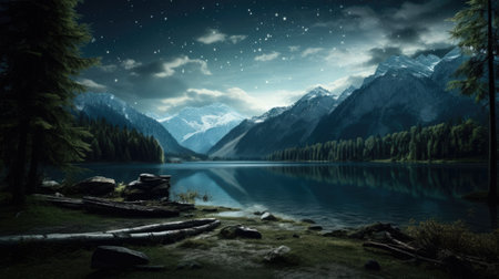 Experience the moonlit majesty of this mountain landscape. Nestled by a tranquil lake and surrounded by a dark forest, the nocturnal scene is adorned by a starry sky. Immerse yourself in the serene beauty of nature at night.の素材