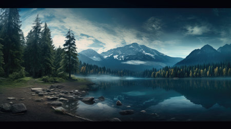 Experience the moonlit majesty of this mountain landscape. Nestled by a tranquil lake and surrounded by a dark forest, the nocturnal scene is adorned by a starry sky. Immerse yourself in the serene beauty of nature at night.の素材