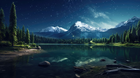 Experience the moonlit majesty of this mountain landscape. Nestled by a tranquil lake and surrounded by a dark forest, the nocturnal scene is adorned by a starry sky. Immerse yourself in the serene beauty of nature at night.の素材