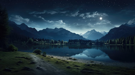 Experience the moonlit majesty of this mountain landscape. Nestled by a tranquil lake and surrounded by a dark forest, the nocturnal scene is adorned by a starry sky. Immerse yourself in the serene beauty of nature at night.の素材