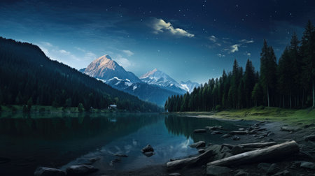 Experience the moonlit majesty of this mountain landscape. Nestled by a tranquil lake and surrounded by a dark forest, the nocturnal scene is adorned by a starry sky. Immerse yourself in the serene beauty of nature at night.の素材