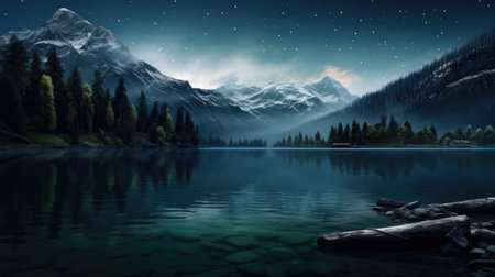 Experience the moonlit majesty of this mountain landscape. Nestled by a tranquil lake and surrounded by a dark forest, the nocturnal scene is adorned by a starry sky. Immerse yourself in the serene beauty of nature at night.の素材