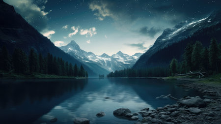 Experience the moonlit majesty of this mountain landscape. Nestled by a tranquil lake and surrounded by a dark forest, the nocturnal scene is adorned by a starry sky. Immerse yourself in the serene beauty of nature at night.の素材