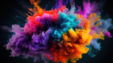 Immerse yourself in the dynamic world of art with this colorful smoke explosion. In a vibrant collage style against a black background, experience the energetic burst of vivid colors. Ideal for banners or backdrop wallpapers, this artwork captures the essence of abstract expression.の素材