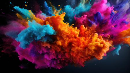 Immerse yourself in the dynamic world of art with this colorful smoke explosion. In a vibrant collage style against a black background, experience the energetic burst of vivid colors. Ideal for banners or backdrop wallpapers, this artwork captures the essence of abstract expression.の素材