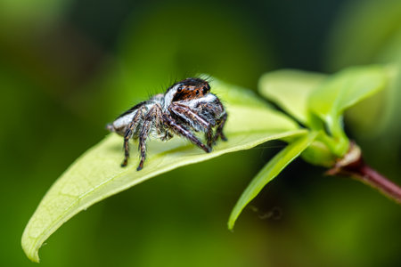 Close up of Jumping Spider on leaf with nature background.