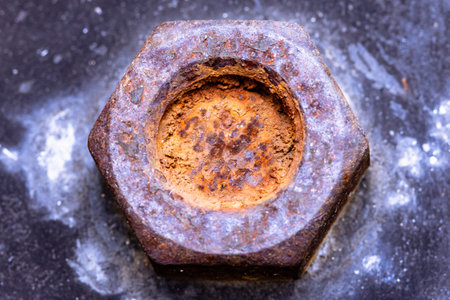 Rusty on screw (Old bolts and nut), Metal details, Macro photography. Closeup shot and selection focus.の写真素材