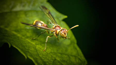 Close up Ropalidia Fasciata, Paper Wasp taking care it's tiny nest on nature background, Thailand.