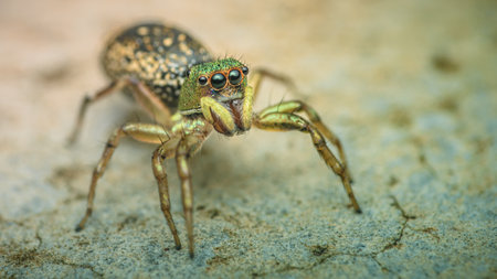Close up a colorful jumping spider on human hand, macro shot, selective focus,Thailand.