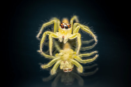 Close up a colorful jumping spider on human hand, macro shot, selective focus,Thailand.
