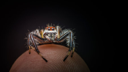 Close up a colorful jumping spider on human hand, macro shot, selective focus,Thailand.の写真素材