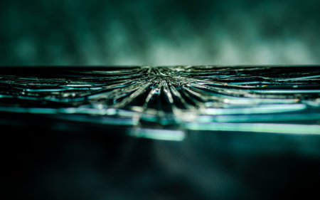 Close-up crack of mobile phone, broken glass background, broken screen isolated, selective focus.の写真素材