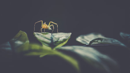 Close up yellow Jumping Spider, Lynx Spider on green leaves and dew drop, Colorful photo with macro...
