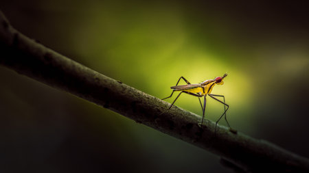 Banana Stalk Flies or Cactus fly and long legs on tree branch with light nature background, Red eyes insect, Selected focus.の写真素材