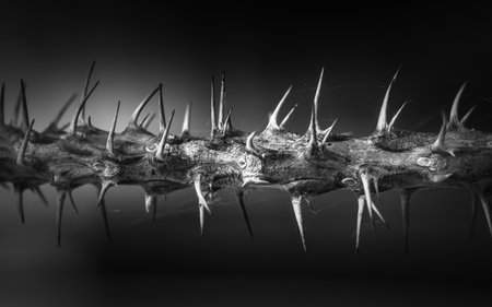 Close up Euphorbia milii or crown of thorns plant, Black and white photo.の写真素材