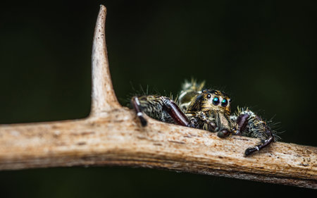 Close up a black jumping spider on dry tree branch have a thorn and natural background, Insect photo, Selective focus.の写真素材