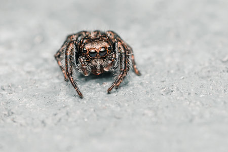 Close up a colorful jumping spider on cement floor, Selective focus, macro shot, Thailand.