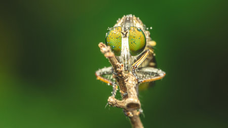 Close up a robber fly on branch and water drops, Nature background, Big eye insect, Thailand.