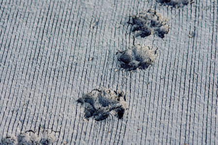Footprint of dog on cement floor, concrete road.