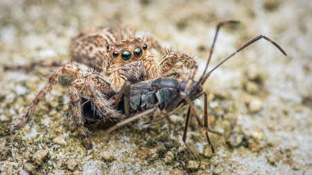 Jumping spider eating black prey on cement floor, Selective focus, Macro photo of insect.の写真素材