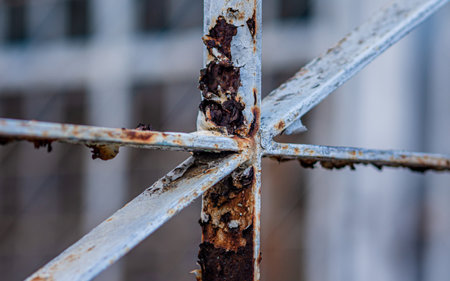Close up of rusty on steel structure and white paint, Texture of surface metal from rust.の写真素材