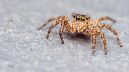 Close up a colorful jumping spider on cement floor, Selective focus, macro shot, Thailandの写真素材