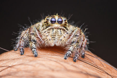 Close up a colorful jumping spider on human hand, macro shot, selective focus,Thailand.の写真素材