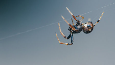 Common black house spider walking on its cobweb or spider's web with nature background, Selective focus.の写真素材