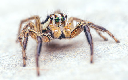 Close up a colorful jumping spider on cement floor, Selective focus, macro shot, Thailand.の写真素材