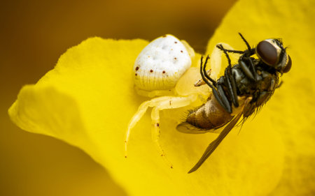 A Crab spider and prey on a Yellow elder flower, Macro shot, Selective focus.の写真素材