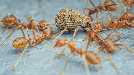 Red ants team is moving the prey, Red ants is team work, Selective focus.