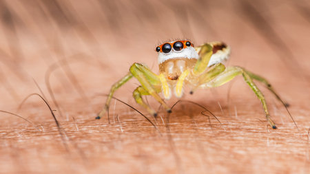 Close up a colorful jumping spider on human hand, macro shot, selective focus,Thailand.