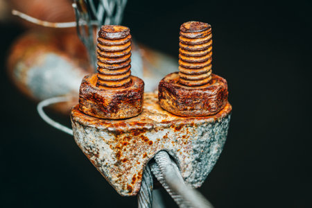 Rusty metal clamp holding steel cable tightly together, A symbol of strength and resilience.の写真素材