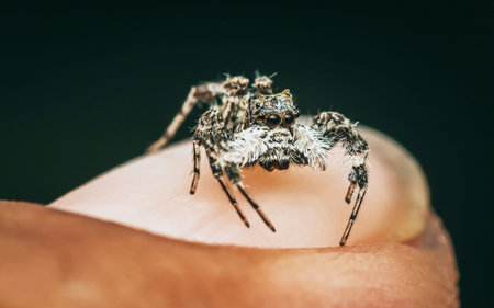 Close up a colorful jumping spider on human hand, macro shot, selective focus,Thailand.