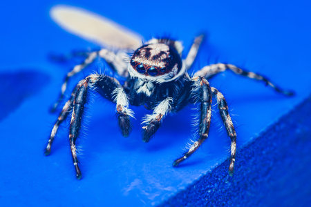 Black and white jumping spider with big eyes is standing on a vivid blue surface and looking...