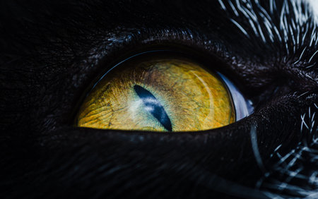 Macro photograph showing the intense yellow eye of a black cat, its gaze piercing and captivating.の写真素材