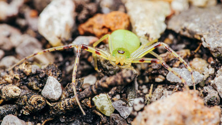 Bright green crab spider with brown spots on its legs is standing on gravel in the garden.の写真素材