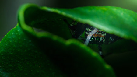 Jumping spider peeking out from under a green leaf in a macro wildlife photograph.の写真素材