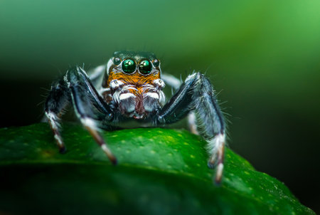 Vibrant jumping spider with big green eyes rests peacefully on a lush green leaf in its natural habitat, Showcasing intricate details close-up and adding a burst of color to the jungle environment.の写真素材