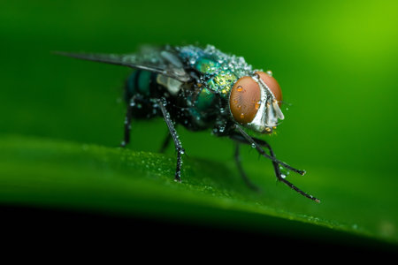 Green bottle fly is covered in tiny water droplets from the morning dew while perched on a bright...